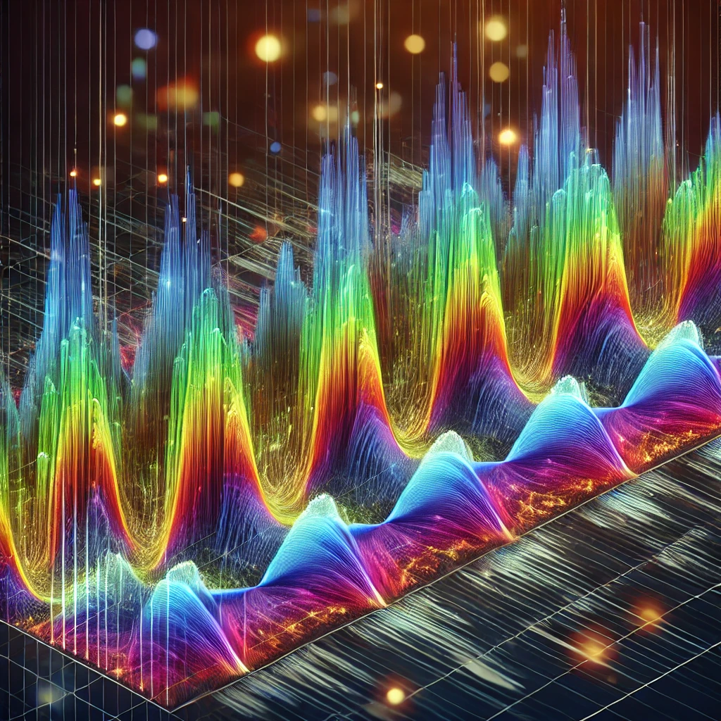 The image represents the Fast Fourier Transform (FFT), a mathematical process used to decompose a complex waveform into its individual sinusoidal components.

    On the left: A complex time-domain signal, represented as a combined waveform.
    On the right: The frequency-domain spectrum, where the waveform is broken down into distinct sinusoidal frequencies, with peaks representing dominant frequencies.

The visualization highlights the transformation of data from the time domain to the frequency domain, a process essential in signal processing, noise reduction, and numerous engineering applications. The bright, colorful waveforms emphasize the clarity and precision FFT provides in analyzing complex signals.